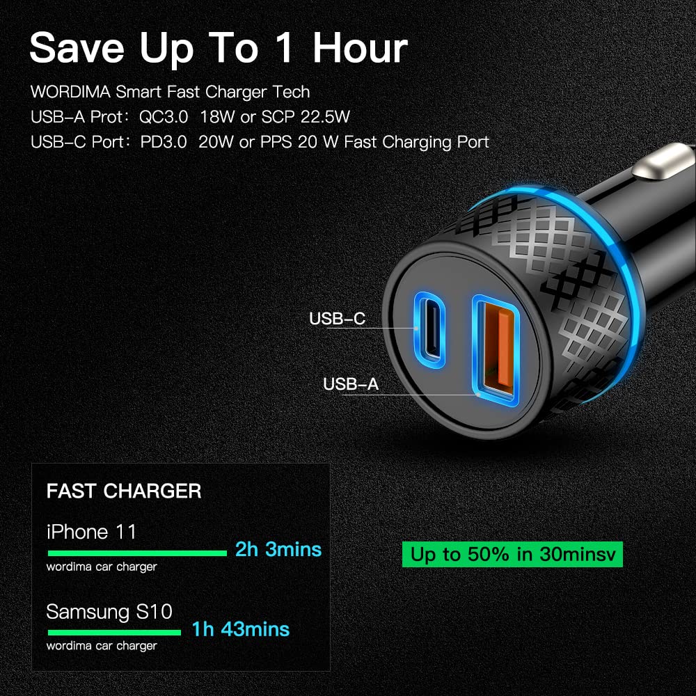 USB Car Charger, WORDIMA USB C Car Charger PD20W/PPS20W & QC3.0 18W/SCP22.5W Car Adapter, Compatible with iPhone13 pro max/iPad Pro/Samsung/Google Pixel/Oneplus (Black)