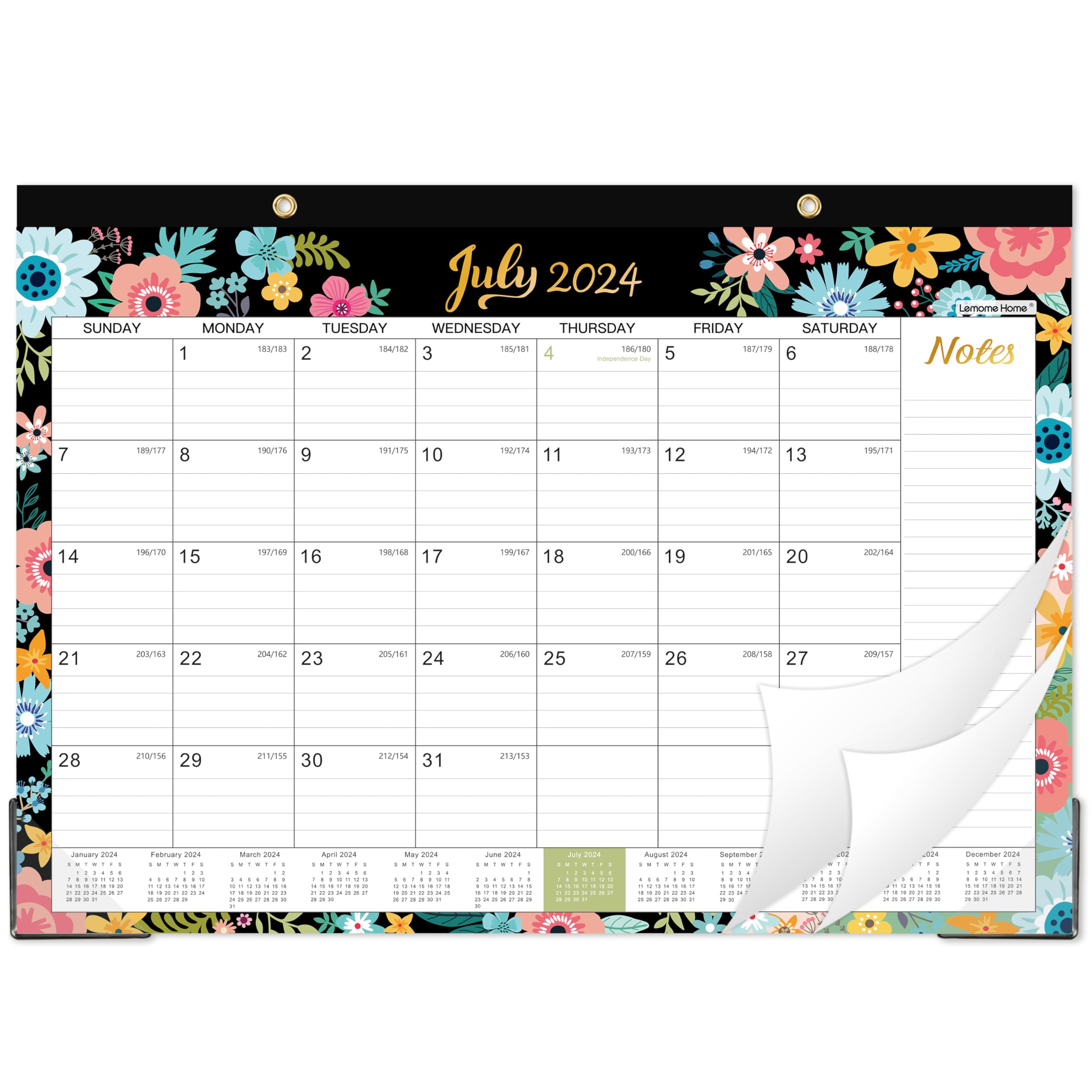 2024-2025 Desk Calendar - Desk Calendar 2024-2025, 18-Month Desk/Wall Calendar, Jul. 2024 - Dec. 2025, 16.8" x 12", Desk Calendar with Corner Protectors, Ruled Blocks - Black Floral