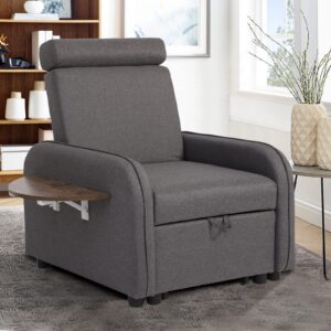 ipkig convertible chair sleeper bed, pull out sleeper chair armchair bed with foldable wooden tray, linen fabric and wooden frame armchair for small space living room (dark grey)