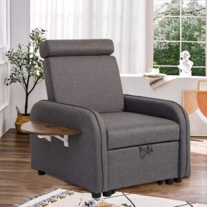 IPKIG Convertible Chair Sleeper Bed, Pull Out Sleeper Chair Armchair Bed with Foldable Wooden Tray, Linen Fabric and Wooden Frame Armchair for Small Space Living Room (Dark Grey)