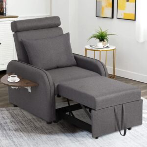 IPKIG Convertible Chair Sleeper Bed, Pull Out Sleeper Chair Armchair Bed with Foldable Wooden Tray, Linen Fabric and Wooden Frame Armchair for Small Space Living Room (Dark Grey)