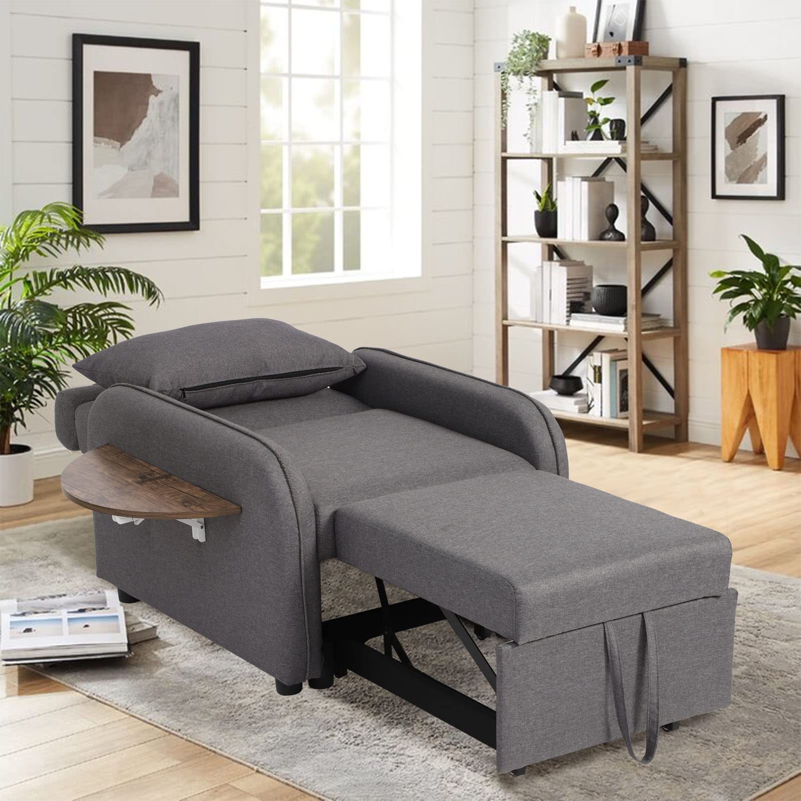 IPKIG Convertible Chair Sleeper Bed, Pull Out Sleeper Chair Armchair Bed with Foldable Wooden Tray, Linen Fabric and Wooden Frame Armchair for Small Space Living Room (Dark Grey)