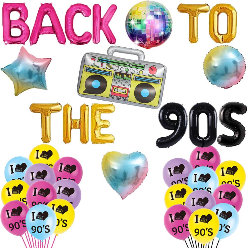 Back to The 90's Balloons Retro Radio 90s Party Banner Throwback 90's/Funny 1990's/I Love 90s/Rock Punk Music Dance Disco Boom Box Hip Hop 90th Birthday Wedding Party Supplies Decorations