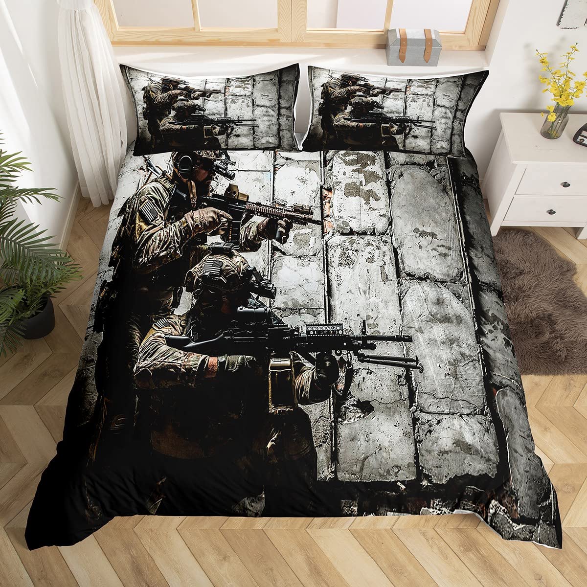 Soldier Comforter Cover, Army Rifle Machine Gun Bedding Sets for Boys, Under Mission Army Duvet Cover Sets, Military Themed Quilt Cover Twin Camouflage Bedroom Decor For Youth Man Gamer Room Decor