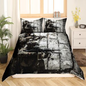 Soldier Comforter Cover, Army Rifle Machine Gun Bedding Sets for Boys, Under Mission Army Duvet Cover Sets, Military Themed Quilt Cover Twin Camouflage Bedroom Decor For Youth Man Gamer Room Decor