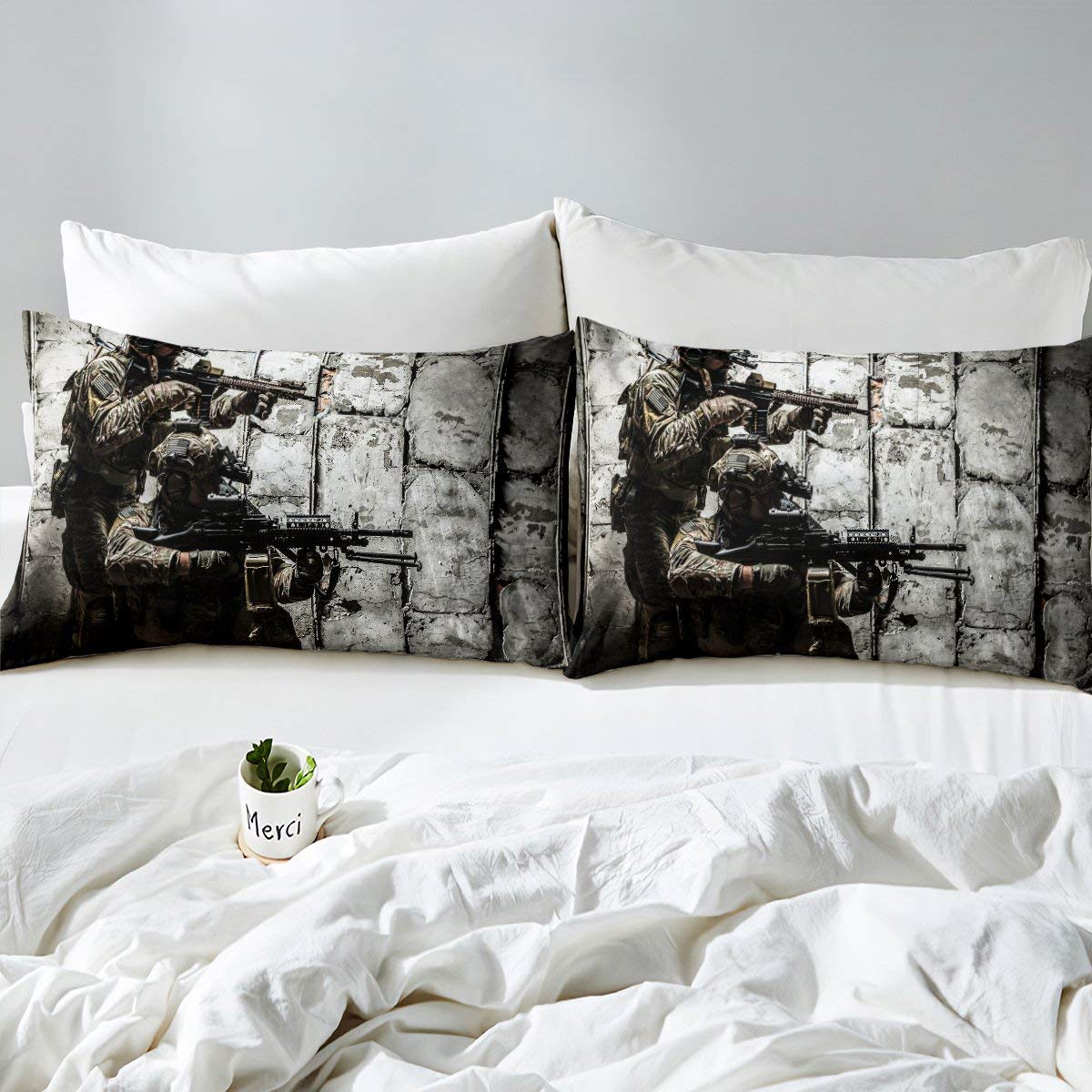 Soldier Comforter Cover, Army Rifle Machine Gun Bedding Sets for Boys, Under Mission Army Duvet Cover Sets, Military Themed Quilt Cover Twin Camouflage Bedroom Decor For Youth Man Gamer Room Decor