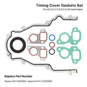 Timing Cover Gasket Set - Compatible with 4.8L 5.3L 5.7L 6.0L 6.2L Chevy Silverado, Suburban, Tahoe, GMC Sierra, Yukon, Savana, Cadillac Escalade - Replace 12633904 TCS45993