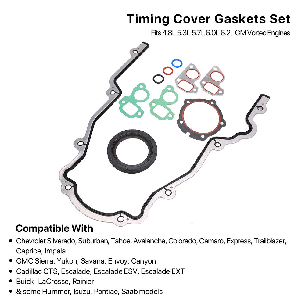 Timing Cover Gasket Set - Compatible with 4.8L 5.3L 5.7L 6.0L 6.2L Chevy Silverado, Suburban, Tahoe, GMC Sierra, Yukon, Savana, Cadillac Escalade - Replace 12633904 TCS45993