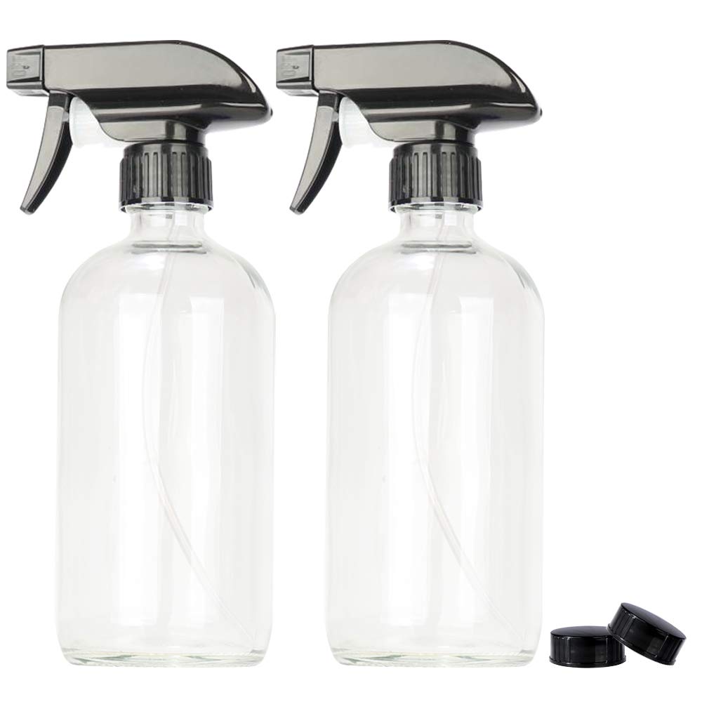 2 Pack 16 oz Clear Boston Glass Spray Bottles,Refillable Trigger Sprayers with Mist & Stream for Essential Oils, Bath, Beauty, Hair & Cleaning Products.Include 2 Durable Caps and 4 Chalk Labels.