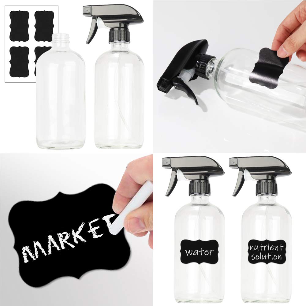 2 Pack 16 oz Clear Boston Glass Spray Bottles,Refillable Trigger Sprayers with Mist & Stream for Essential Oils, Bath, Beauty, Hair & Cleaning Products.Include 2 Durable Caps and 4 Chalk Labels.