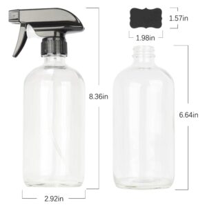 2 Pack 16 oz Clear Boston Glass Spray Bottles,Refillable Trigger Sprayers with Mist & Stream for Essential Oils, Bath, Beauty, Hair & Cleaning Products.Include 2 Durable Caps and 4 Chalk Labels.