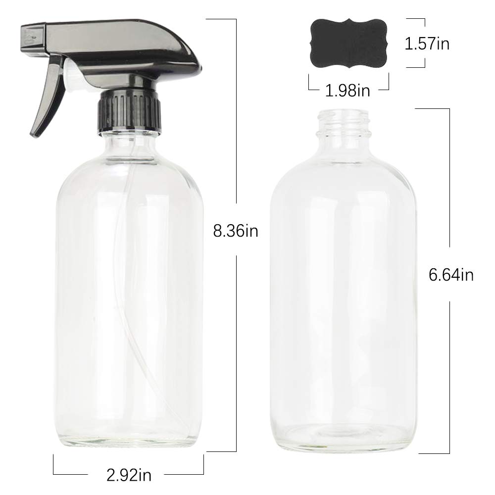 2 Pack 16 oz Clear Boston Glass Spray Bottles,Refillable Trigger Sprayers with Mist & Stream for Essential Oils, Bath, Beauty, Hair & Cleaning Products.Include 2 Durable Caps and 4 Chalk Labels.