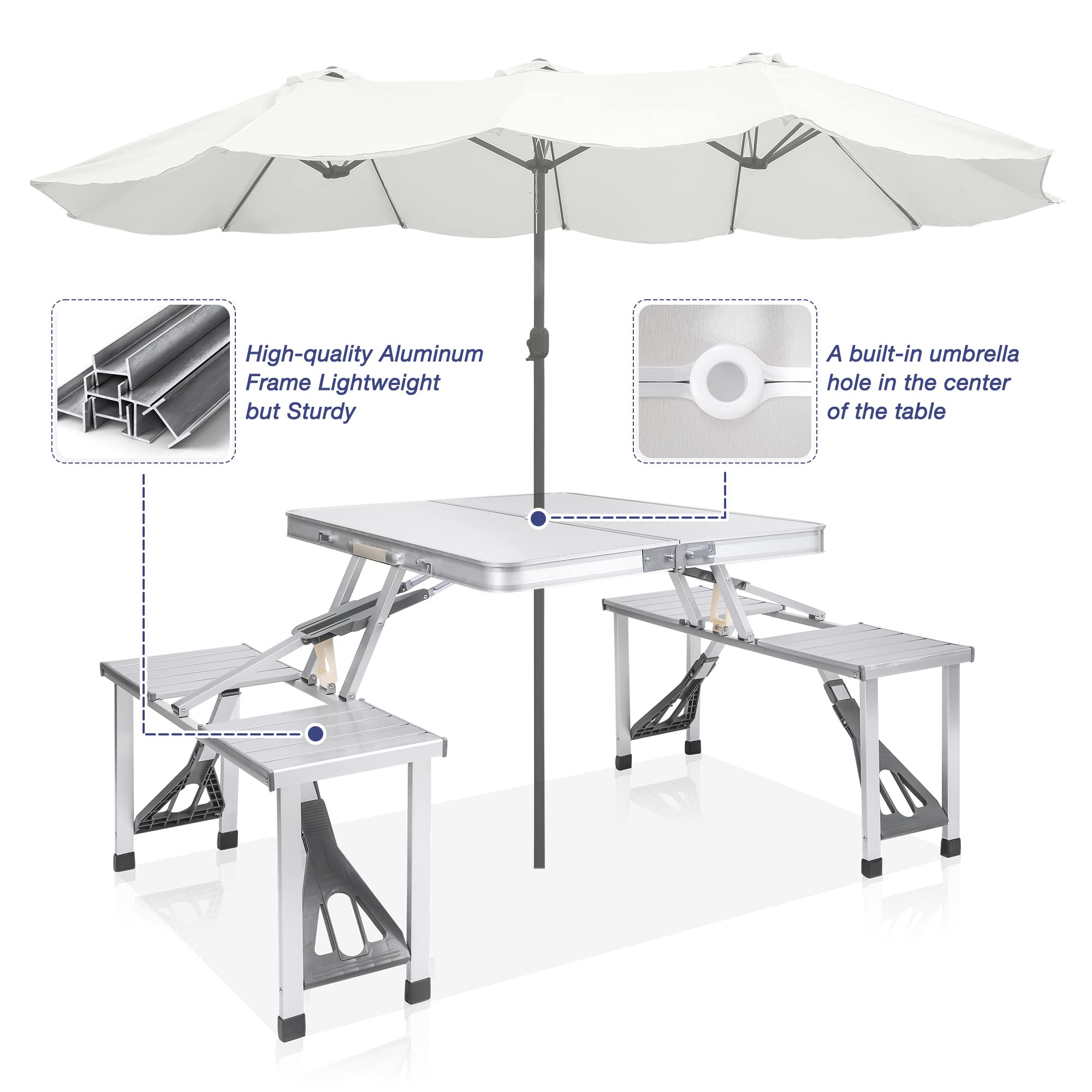 Koreyosh Folding Camping Table Chair Set, Aluminum Suitcase Portable Camping Picnic Table with 4 Seats,Umbrella Hole for Party, BBQ, Beach(Silver)