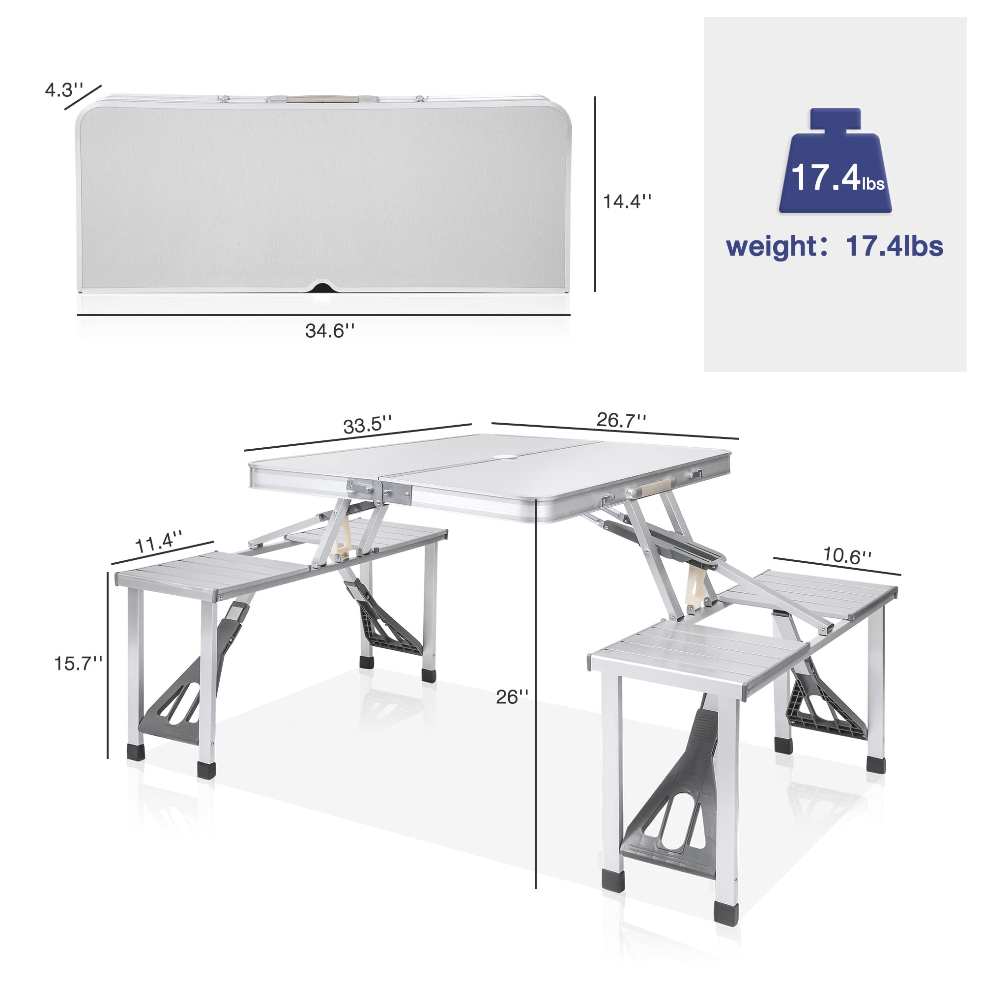 Koreyosh Folding Camping Table Chair Set, Aluminum Suitcase Portable Camping Picnic Table with 4 Seats,Umbrella Hole for Party, BBQ, Beach(Silver)