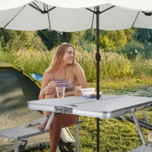 Koreyosh Folding Camping Table Chair Set, Aluminum Suitcase Portable Camping Picnic Table with 4 Seats,Umbrella Hole for Party, BBQ, Beach(Silver)