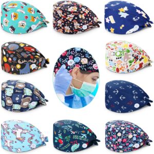 satinior 10 pieces bouffant caps with buttons colorful printed tie back caps unisex hats with sweatband for women men favors