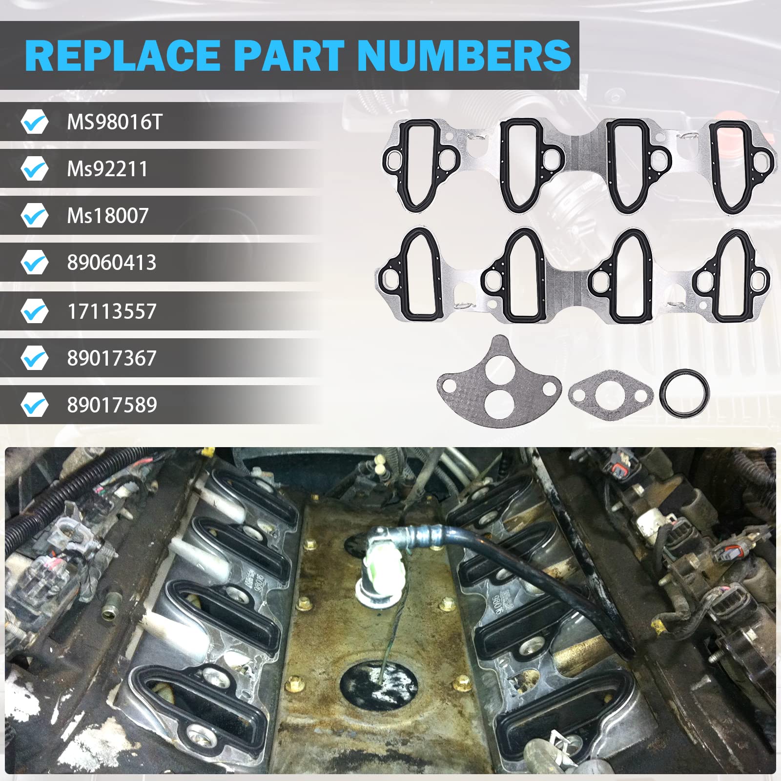 Intake Manifold Gasket Set - Compatible with 4.8L 5.3L 6.0L Chevy Silverado, Suburban, Tahoe, GMC Sierra, Yukon, Savana, Cadillac Escalade - Replace 89060413 MS98016T