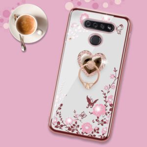 LG K51 Phone Case for Women, LG Q51 Case Glitter Crystal Butterfly Heart Floral Cute for Girls and Women Lovely Bow Love with Ring Stand Slim Soft TPU Protective Cover Case for LG K51/LG Q51-Rose Gold