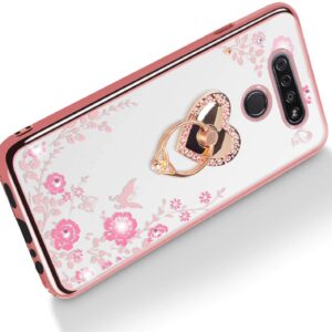 LG K51 Phone Case for Women, LG Q51 Case Glitter Crystal Butterfly Heart Floral Cute for Girls and Women Lovely Bow Love with Ring Stand Slim Soft TPU Protective Cover Case for LG K51/LG Q51-Rose Gold