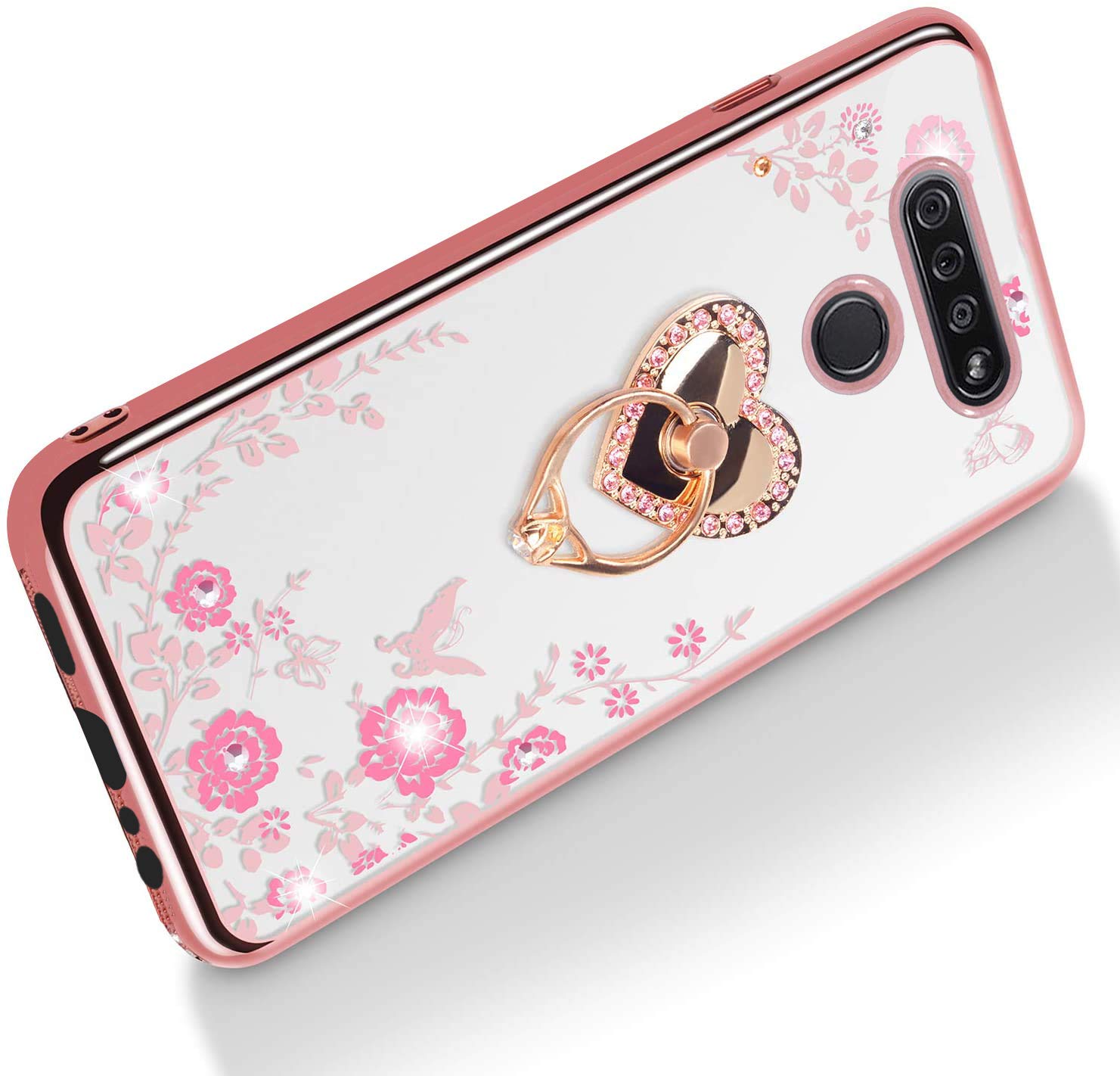 LG K51 Phone Case for Women, LG Q51 Case Glitter Crystal Butterfly Heart Floral Cute for Girls and Women Lovely Bow Love with Ring Stand Slim Soft TPU Protective Cover Case for LG K51/LG Q51-Rose Gold