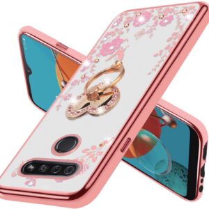 LG K51 Phone Case for Women, LG Q51 Case Glitter Crystal Butterfly Heart Floral Cute for Girls and Women Lovely Bow Love with Ring Stand Slim Soft TPU Protective Cover Case for LG K51/LG Q51-Rose Gold