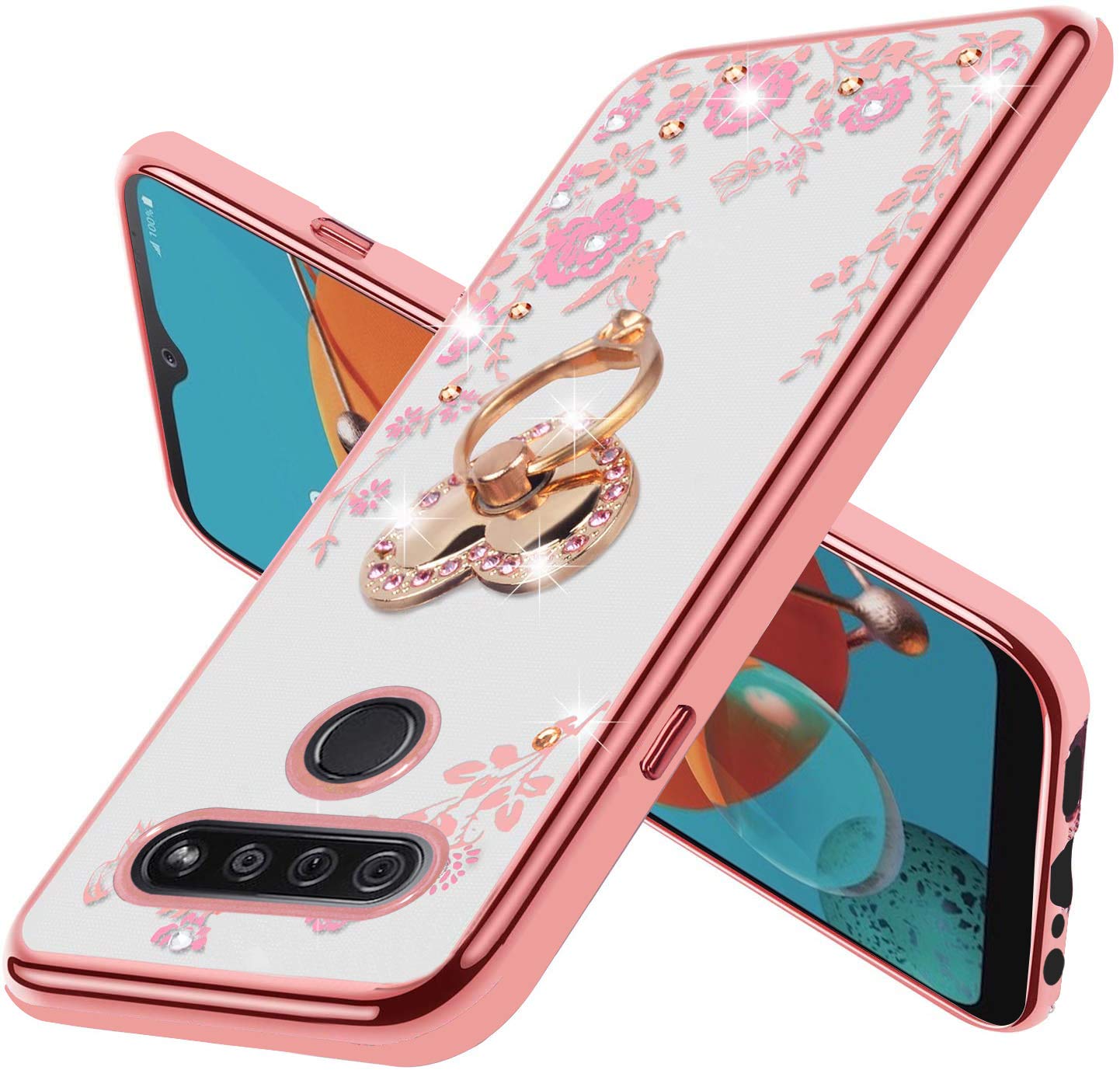 LG K51 Phone Case for Women, LG Q51 Case Glitter Crystal Butterfly Heart Floral Cute for Girls and Women Lovely Bow Love with Ring Stand Slim Soft TPU Protective Cover Case for LG K51/LG Q51-Rose Gold