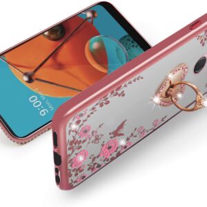 LG K51 Phone Case for Women, LG Q51 Case Glitter Crystal Butterfly Heart Floral Cute for Girls and Women Lovely Bow Love with Ring Stand Slim Soft TPU Protective Cover Case for LG K51/LG Q51-Rose Gold