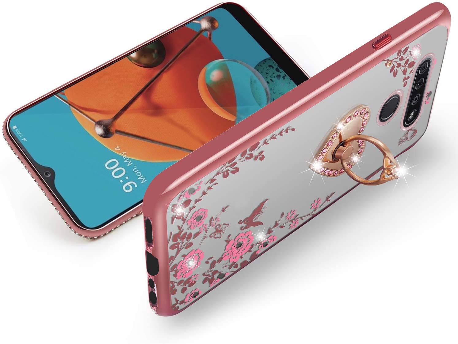 LG K51 Phone Case for Women, LG Q51 Case Glitter Crystal Butterfly Heart Floral Cute for Girls and Women Lovely Bow Love with Ring Stand Slim Soft TPU Protective Cover Case for LG K51/LG Q51-Rose Gold