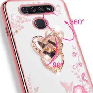 LG K51 Phone Case for Women, LG Q51 Case Glitter Crystal Butterfly Heart Floral Cute for Girls and Women Lovely Bow Love with Ring Stand Slim Soft TPU Protective Cover Case for LG K51/LG Q51-Rose Gold