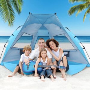 G4Free 3-4 Person Beach Tent Pop Up Shade, Lightweight UPF 50+ Beach Sun Shelter Family Size, Easy Setup and Portable Sun Shade Canopy Cabana(Bright Silver)