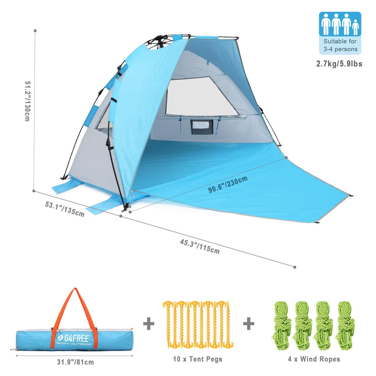 G4Free 3-4 Person Beach Tent Pop Up Shade, Lightweight UPF 50+ Beach Sun Shelter Family Size, Easy Setup and Portable Sun Shade Canopy Cabana(Bright Silver)