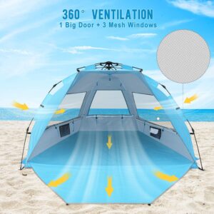 G4Free 3-4 Person Beach Tent Pop Up Shade, Lightweight UPF 50+ Beach Sun Shelter Family Size, Easy Setup and Portable Sun Shade Canopy Cabana(Bright Silver)