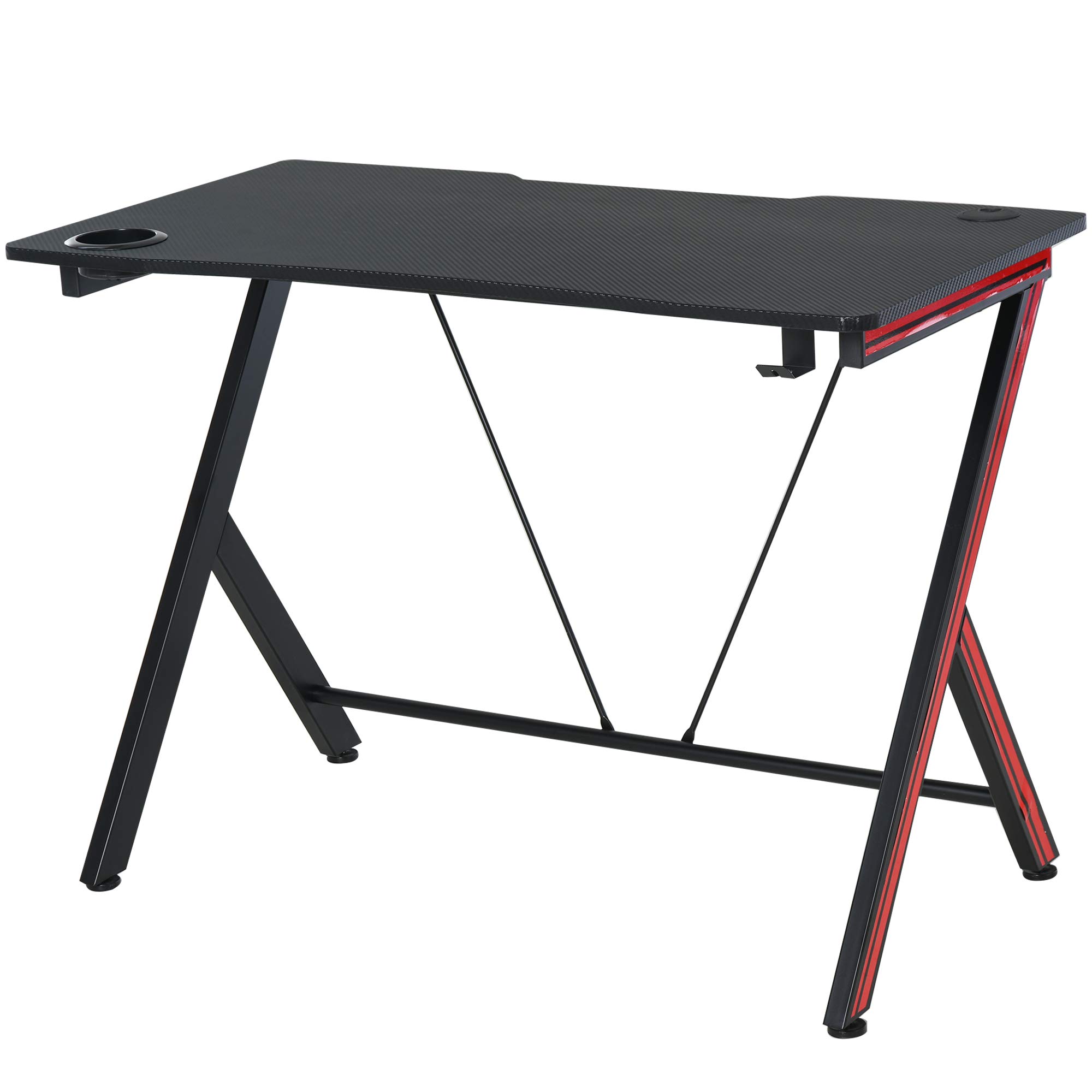 HOMCOM 41 inch Gaming Computer Desk, Home Office Gamer Table Workstation with Cup Holder, Headphone Hook, Cable Management, Carbon Fiber Surface