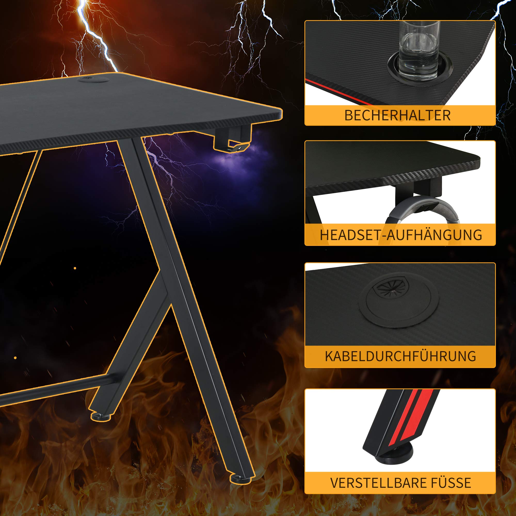 HOMCOM 41 inch Gaming Computer Desk, Home Office Gamer Table Workstation with Cup Holder, Headphone Hook, Cable Management, Carbon Fiber Surface