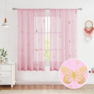 Jubilantex Pink Butterfly Sheer Curtains Gold Print Drapes for Baby Girls Nursery, Kids Bedroom 63 Inch Length Toddler Linen Textured Curtain Rod Pocket Window Treatment Sets, 2 Panels