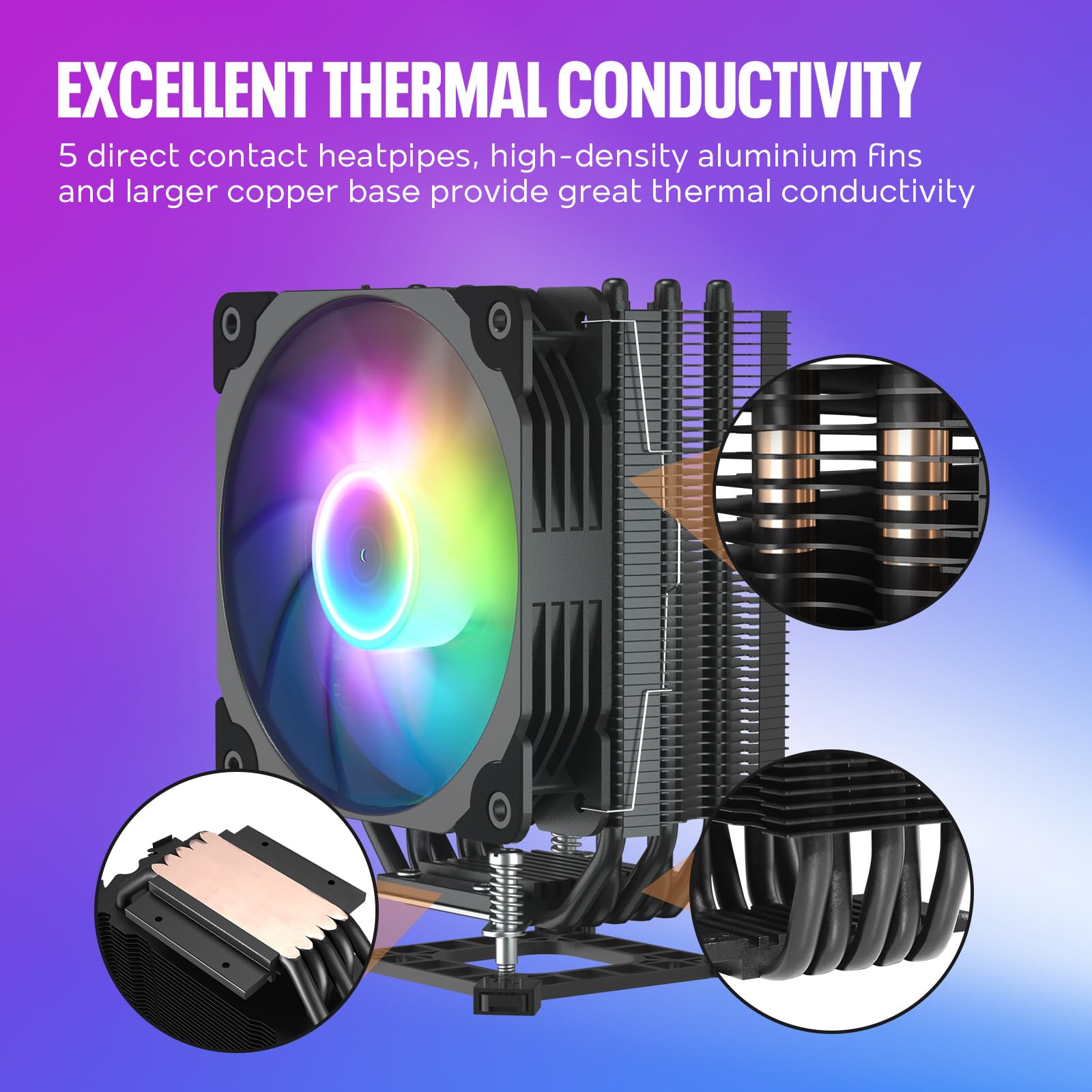 Vetroo V5 CPU Air Cooler with 5 Heat Pipes 120mm FDB PWM Processor Cooler for Intel LGA 1700/1200/115X AMD AM5/AM4 w/Addressable RGB Lights Sync (V5, Black)