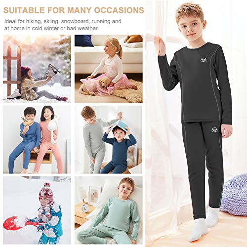 MEETWEE Kids Thermal Underwear Set Unisex Base Layer Boys Girls Fleece Lined Long Johns Black