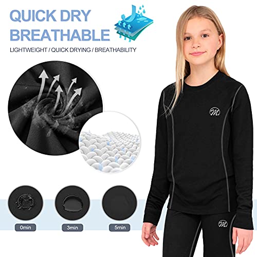 MEETWEE Kids Thermal Underwear Set Unisex Base Layer Boys Girls Fleece Lined Long Johns Black