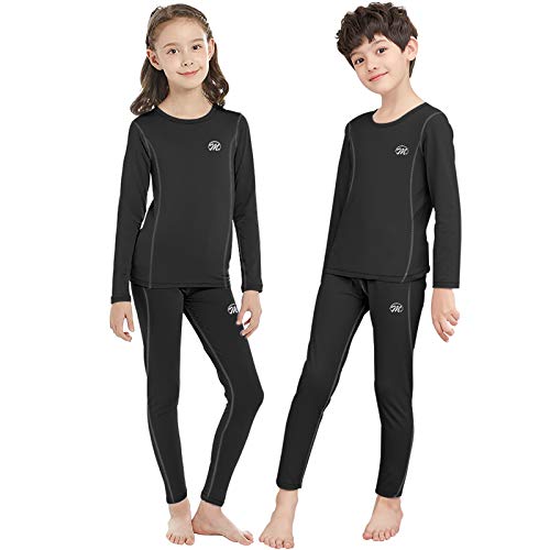 MEETWEE Kids Thermal Underwear Set Unisex Base Layer Boys Girls Fleece Lined Long Johns Black