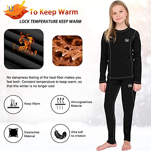 MEETWEE Kids Thermal Underwear Set Unisex Base Layer Boys Girls Fleece Lined Long Johns Black