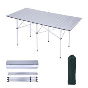 koreyosh folding camping picnic table 55 inches portable roll up lightweight compact aluminum outdoor table with carry bag for party,beach, bbq, buffet (silver)