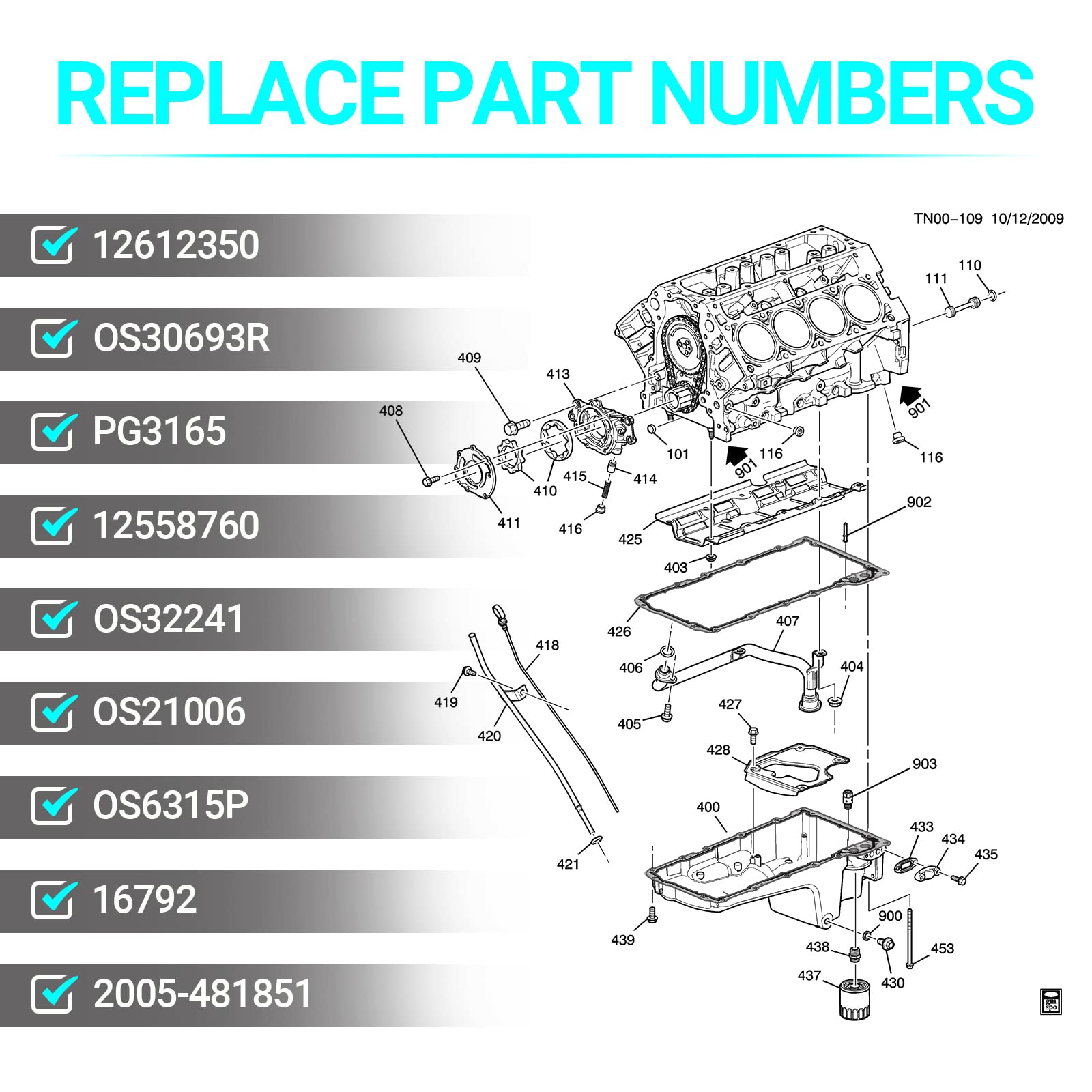 Oil Pan Gasket Set - Compatible with 4.8L 5.3L 6.0L 6.2L Chevy Silverado, Suburban, Tahoe, Trailblazer, GMC Sierra, Yukon, Cadillac Escalade - Replace 12612350 OS30693R