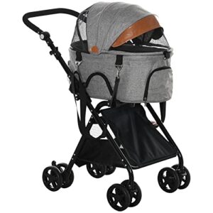 pawhut 2 in1 foldable pet stroller and detachable travel carriage with lockable wheels, adjustable handlebar canopy and zippered mesh window grey