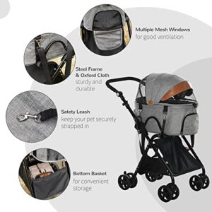 PawHut 2 in1 Foldable Pet Stroller and Detachable Travel Carriage with Lockable Wheels, Adjustable Handlebar Canopy and Zippered Mesh Window Grey