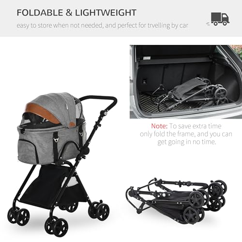 PawHut 2 in1 Foldable Pet Stroller and Detachable Travel Carriage with Lockable Wheels, Adjustable Handlebar Canopy and Zippered Mesh Window Grey