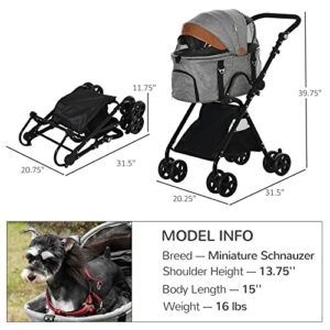 PawHut 2 in1 Foldable Pet Stroller and Detachable Travel Carriage with Lockable Wheels, Adjustable Handlebar Canopy and Zippered Mesh Window Grey