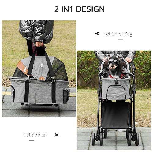 PawHut 2 in1 Foldable Pet Stroller and Detachable Travel Carriage with Lockable Wheels, Adjustable Handlebar Canopy and Zippered Mesh Window Grey