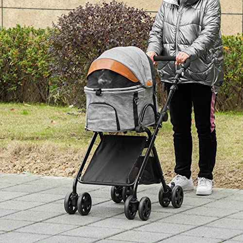 PawHut 2 in1 Foldable Pet Stroller and Detachable Travel Carriage with Lockable Wheels, Adjustable Handlebar Canopy and Zippered Mesh Window Grey