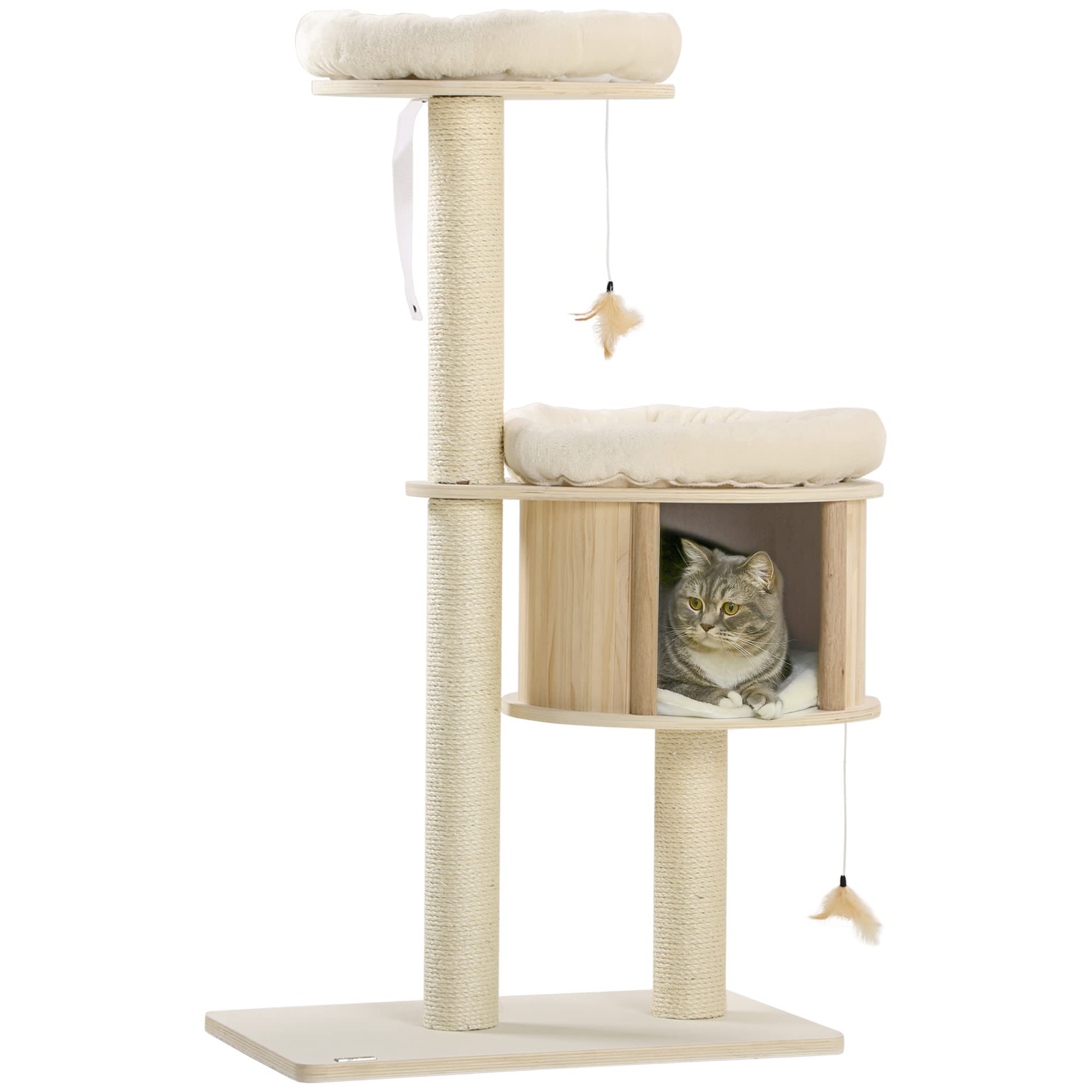 PawHut 3-Level Cat Tree with Sisal Scratching Posts, Fun Cat Badminton Toy for Playing, Soft Cushions, & Play Areas