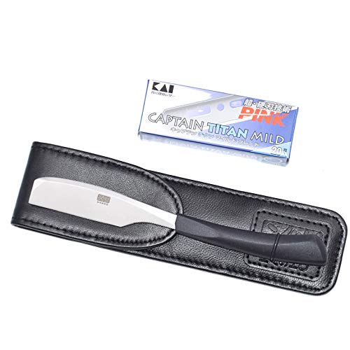 Kai Captain Japanese Straight Edge Barbering Razor with Leather Case & 20 Kai Captain Blades - Accepts Kai Captain or Feather Artist Club Razor Blades